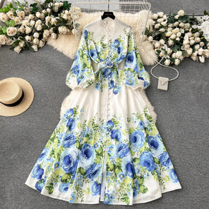 Elegant Gorgeous Floral Bohemian Dress Spring Women Stand Long Lantern Sleeve Floral Print Belt Linen Long Vestidos Clothes 6235