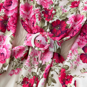 Elegant Gorgeous Floral Bohemian Dress Spring Women Stand Long Lantern Sleeve Floral Print Belt Linen Long Vestidos Clothes 6235