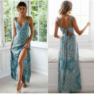 Women Sexy Backless Dress 2019 Summer Bohemian Floral Print Long Dresses Femal V Neck Vestidos Plus Size Lady Casual Clothes