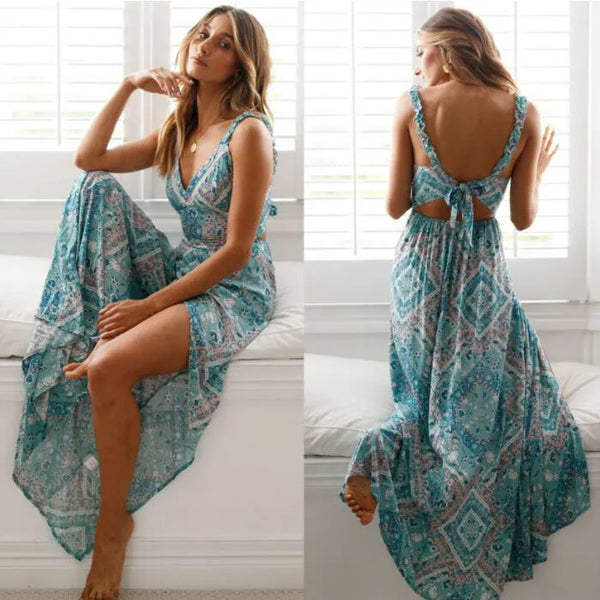 Women Sexy Backless Dress 2019 Summer Bohemian Floral Print Long Dresses Femal V Neck Vestidos Plus Size Lady Casual Clothes