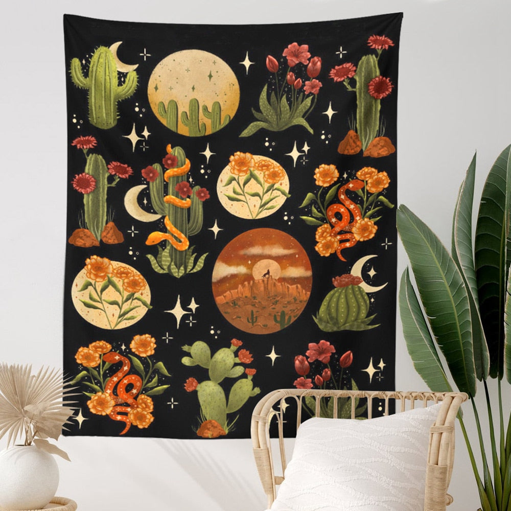 Botanical Cactus Tapestry Wall Hanging Moon Starry Mushroom Chart