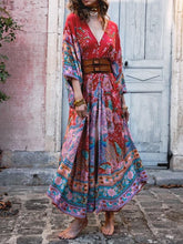 Load image into Gallery viewer, Bohemian Maxi Lotus Print V-Neck Long Dress