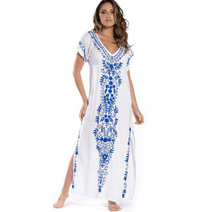 Artificial Cotton Embroidered Beach Cover Up, Long Robe Style Embroidered Dress, Beach Bikini Sun Protection Cover Up