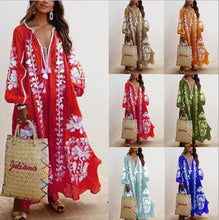 Load image into Gallery viewer, Autumn New V-neck Long-sleeved Printed Long Loose Dress