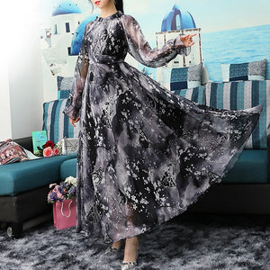 2023 New Arrives Chiffon Long Sleeve Floral Print Dress Boho Plus Size Women Beach Party Garden Maxi Dress Elegant Vestidos Robe