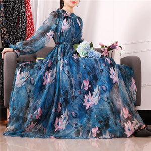 2023 New Arrives Chiffon Long Sleeve Floral Print Dress Boho Plus Size Women Beach Party Garden Maxi Dress Elegant Vestidos Robe