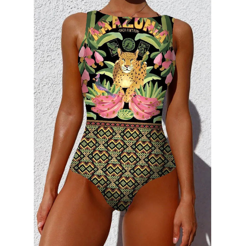 New Printed One-piece Swimsuit Classic Printed Lace Up Swimsuit Women's Push Up Flower One-piece Suit Beach Wear For Female