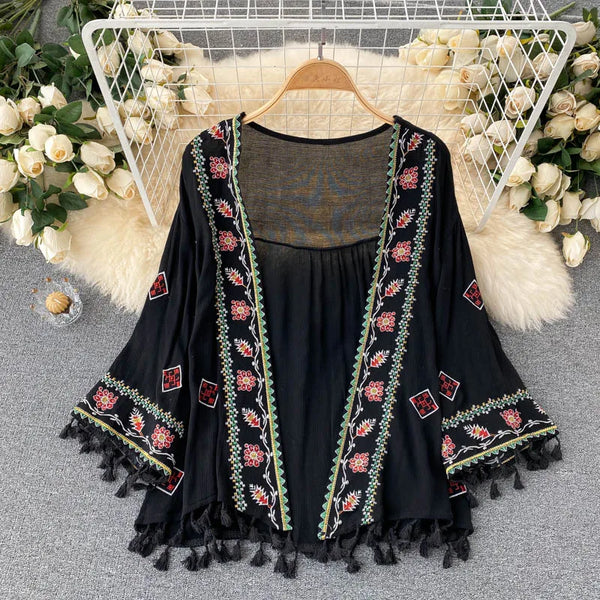 2023 Summer Women's Shirt Bohemian Holiday Style Embroidered Tassel Chiffon Cardigan New Waist Female Slim Short Tops E015