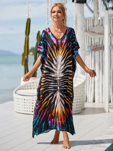 2024 Boho Printed Kaftan Summer Clothing Women Plus Size V-Neck Batwing Sleeve Beachwear Cover-ups Maxi Dress Robe Sarong Q1476