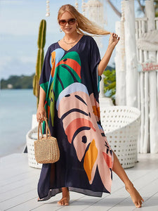 2024 Boho Printed Kaftan Summer Clothing Women Plus Size V-Neck Batwing Sleeve Beachwear Cover-ups Maxi Dress Robe Sarong Q1476