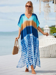 2024 Boho Printed Kaftan Summer Clothing Women Plus Size V-Neck Batwing Sleeve Beachwear Cover-ups Maxi Dress Robe Sarong Q1476