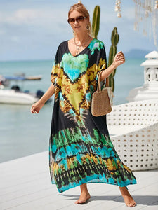 2024 Boho Printed Kaftan Summer Clothing Women Plus Size V-Neck Batwing Sleeve Beachwear Cover-ups Maxi Dress Robe Sarong Q1476