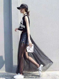 2024 Summer Long Lace Skirt Women Black White Mesh Voile Casual Skirts Low Waist Bohemian Sexy Transparent Maxi Wear