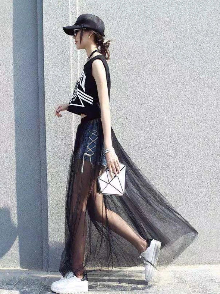 2024 Summer Long Lace Skirt Women Black White Mesh Voile Casual Skirts Low Waist Bohemian Sexy Transparent Maxi Wear