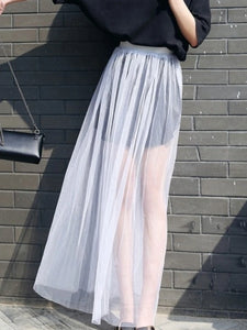 2024 Summer Long Lace Skirt Women Black White Mesh Voile Casual Skirts Low Waist Bohemian Sexy Transparent Maxi Wear