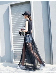 2024 Summer Long Lace Skirt Women Black White Mesh Voile Casual Skirts Low Waist Bohemian Sexy Transparent Maxi Wear