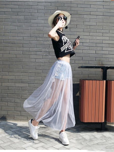 2024 Summer Long Lace Skirt Women Black White Mesh Voile Casual Skirts Low Waist Bohemian Sexy Transparent Maxi Wear