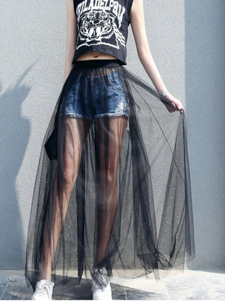 2024 Summer Long Lace Skirt Women Black White Mesh Voile Casual Skirts Low Waist Bohemian Sexy Transparent Maxi Wear