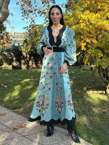 2025 New In Patchwork Print Maxi Dress For Women Elegant Long Lantern Sleeve Chic Floral Long Dress Female Beach Party Vestidos