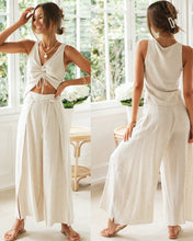Load image into Gallery viewer, New Women's Fashion Solid Color Drawstring Short sleeved Top Wide Leg Split Pants Two Piece Set