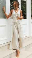 Load image into Gallery viewer, New Women's Fashion Solid Color Drawstring Short sleeved Top Wide Leg Split Pants Two Piece Set