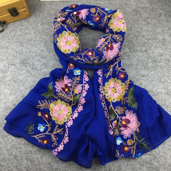 Embroidery Linen Flower Shawl Cotton and Linen Versatile Long Sunscreen Travel Scarf