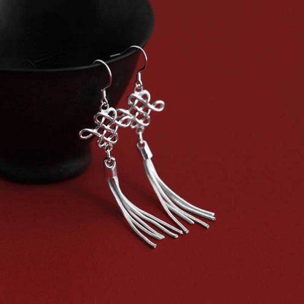 S925 Silver Art Retro Knot Tassel Earrings Elegant Bride Ethnic Style Ear Clip