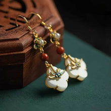 Load image into Gallery viewer, White Jade Clover S925 Silver Earrings with Oriental Classical Paintings, Southern Red Enamel Painted Earrings