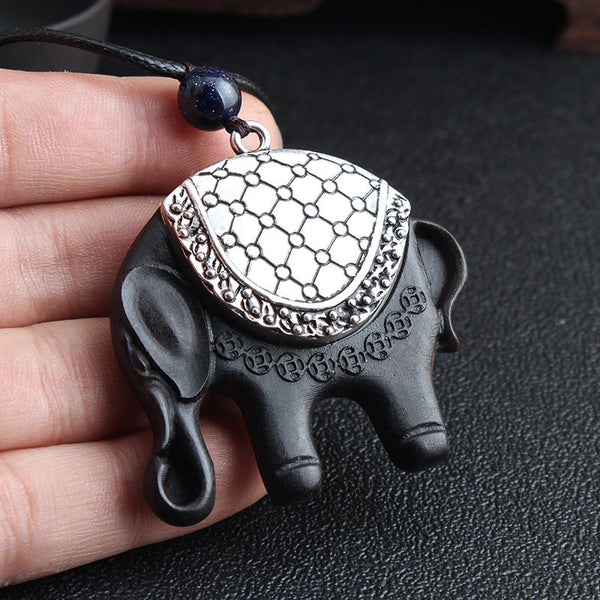 Versatile ethnic style retro black sandalwood elephant pendant with simple wax rope pendant