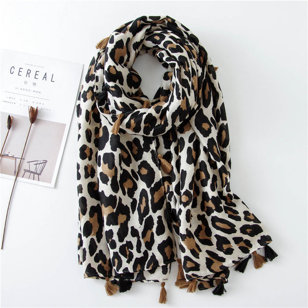 Classic Leopard Print Spring, Autumn, and Winter Long Versatile Cotton and Linen Scarf Dual Purpose Shawl