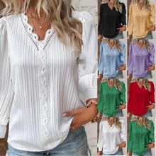 Load image into Gallery viewer, Women&#39;s Lace Stitching Shirt Loose Stitching V-neck Long Sleeve Pullover Chiffon Shirt Fall Top Simple Elegant Street Blouse