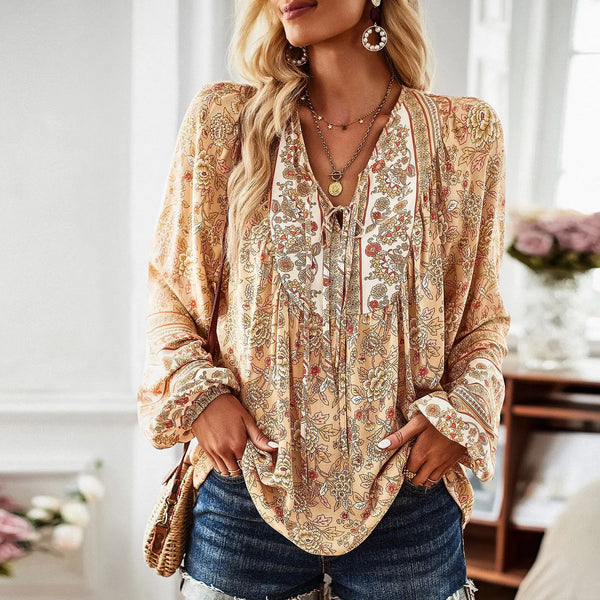 Boho Inspired Boho blouse floral print V-neck long sleeve blouse women chic women blouse Hippie bohemian style autumn women tops