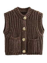 Load image into Gallery viewer, Casual Brown Knit Vest Women Vintage O Neck Single Breasted Pocket Sweater Vests 2024 Autumn Winter Solid Sleeveless Lady Tops