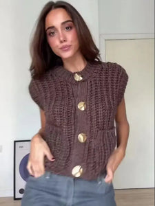 Casual Brown Knit Vest Women Vintage O Neck Single Breasted Pocket Sweater Vests 2024 Autumn Winter Solid Sleeveless Lady Tops