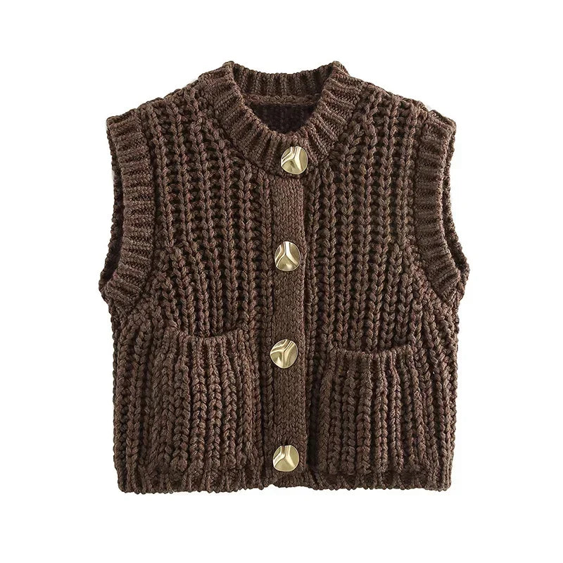 Casual Brown Knit Vest Women Vintage O Neck Single Breasted Pocket Sweater Vests 2024 Autumn Winter Solid Sleeveless Lady Tops