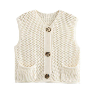 Casual Brown Knit Vest Women Vintage O Neck Single Breasted Pocket Sweater Vests 2024 Autumn Winter Solid Sleeveless Lady Tops