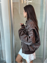 Load image into Gallery viewer, Casual Zipper Solid Color Women&#39;s Pu Leather Jacket Retro Lapel Long Sleeved Short Coat 2024 Ladies High Street Fall Outerwears