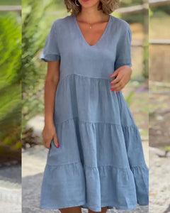 Cotton And Linen Casual Women's Dresses 2023 Spring/Summer Sweet  Short Sleeve Solid V-neck Large Swing Loose Dress  S-5XL