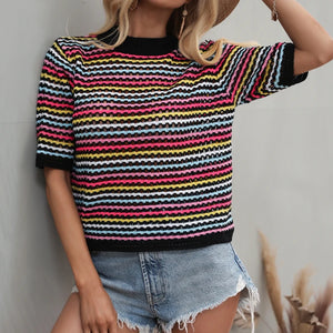 Dourbesty 90s Rainbow Hollow Out Knitwear Women See-through Striped T-Shirts Summer Boho Beach Style Cover-ups Crop Tops y2k