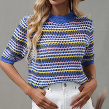 Load image into Gallery viewer, Dourbesty 90s Rainbow Hollow Out Knitwear Women See-through Striped T-Shirts Summer Boho Beach Style Cover-ups Crop Tops y2k