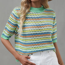 Load image into Gallery viewer, Dourbesty 90s Rainbow Hollow Out Knitwear Women See-through Striped T-Shirts Summer Boho Beach Style Cover-ups Crop Tops y2k