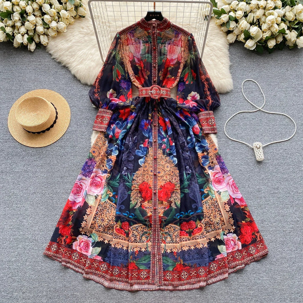 Elegant Lantern Sleeve Single-breasted Dress Bohemian Slim Waist Belt Fashion Dresses Women Vintage A-line Print Party Vestidos