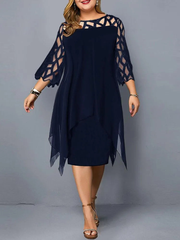 Elegant Midi Party Dress For Chubby Women Xxl O Neck Lace Sleeve Holl –  dudesky