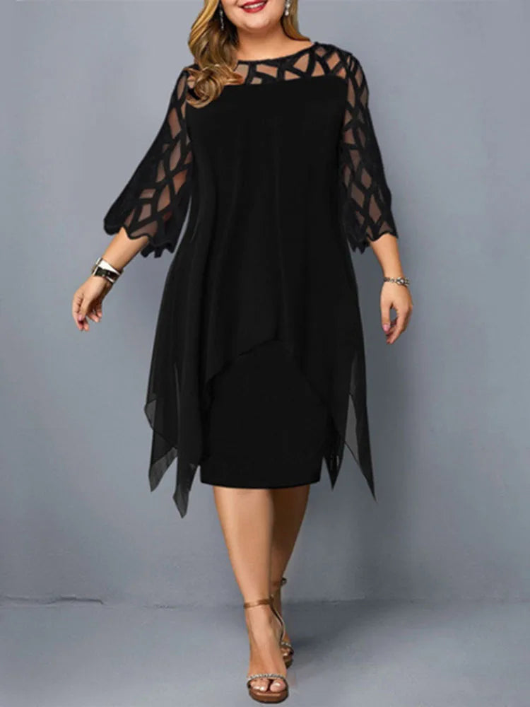 Elegant Midi Party Dress For Chubby Women Xxl O Neck Lace Sleeve Holl – dudesky