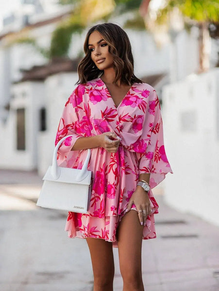 Elegant Office Dress For Wome's Casual Bat Sleeve Flowers Print Bohemian Beach Vacation Sundress Women Summer Ruffl Mini Dresses