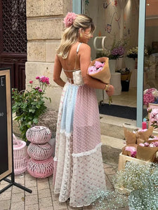 Elegant Print Perspective Lace Patchwork Long Dress Women Halter Backless Sleeveless Dresses Summer Lady Sweet High Street Robe