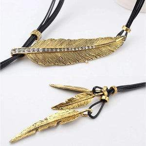 Fashion New Gold Color Boho Style Rope Chain Leaf Feather Pattern Pendant Ladies High Jewelry Choker Personality Necklace