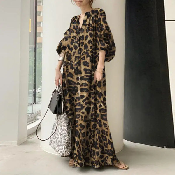 Fashion Printed Maxi Dress Women's Leopard Sundress 2023 ZANZEA Spring Puff Sleeve Long Vestidos Female V Neck Robe Oversize