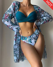 Load image into Gallery viewer, Floral Print Bikini Set Women Low Waist Twist Swimsuit Long Sleeve Cover Up Three Pieces 2024 Summer Beach Bathing Suit Swimwear