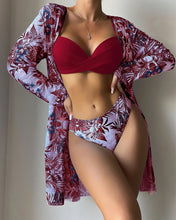 Load image into Gallery viewer, Floral Print Bikini Set Women Low Waist Twist Swimsuit Long Sleeve Cover Up Three Pieces 2024 Summer Beach Bathing Suit Swimwear